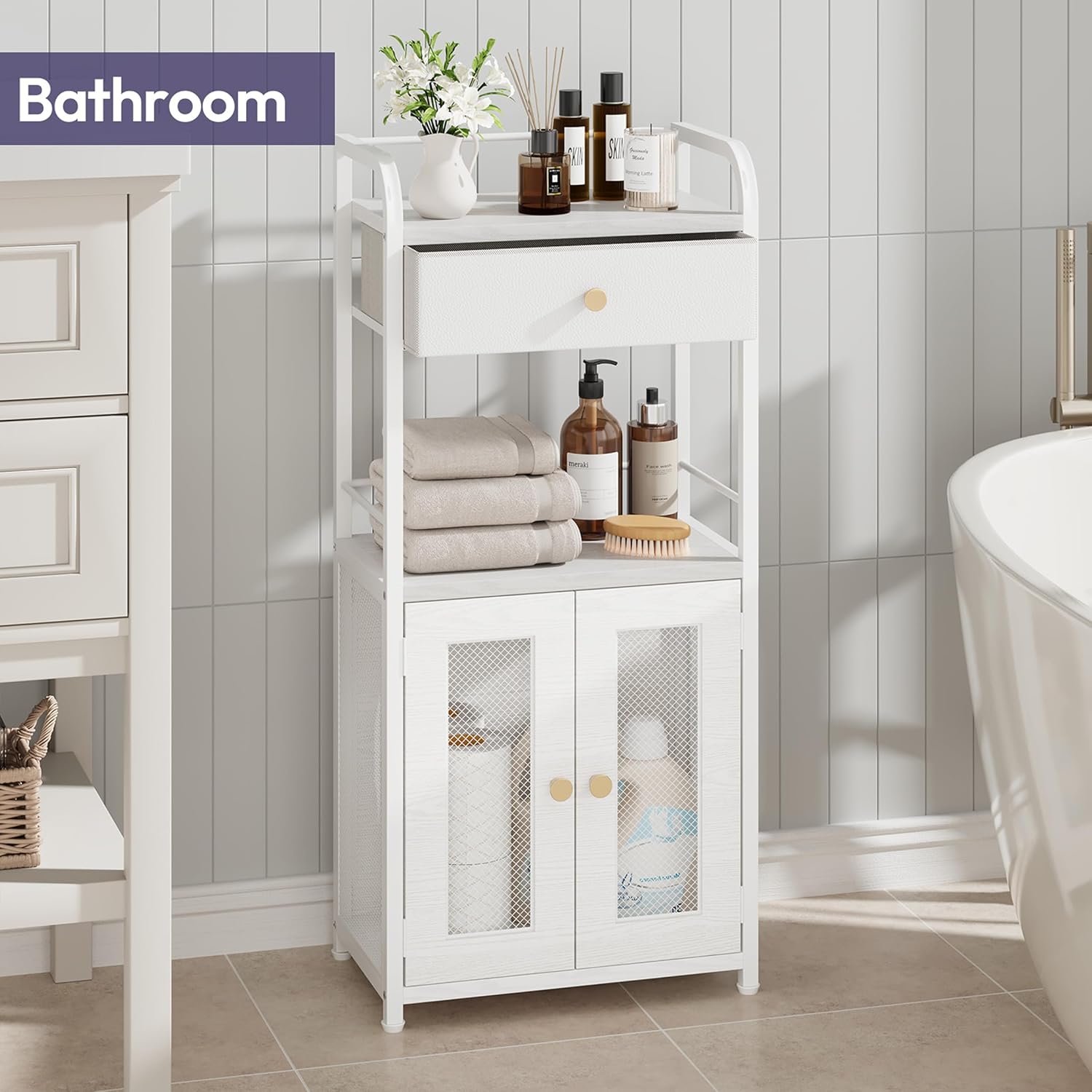 SWTYMIKI 14.57"x32.28" Bathroom Storage Cabinet – Freestanding Toilet Paper Storage with Doors & Drawer, Bathroom Organizers and Storage for Small Spaces, Laundry Room, Ideal for Towels, White - Image 8