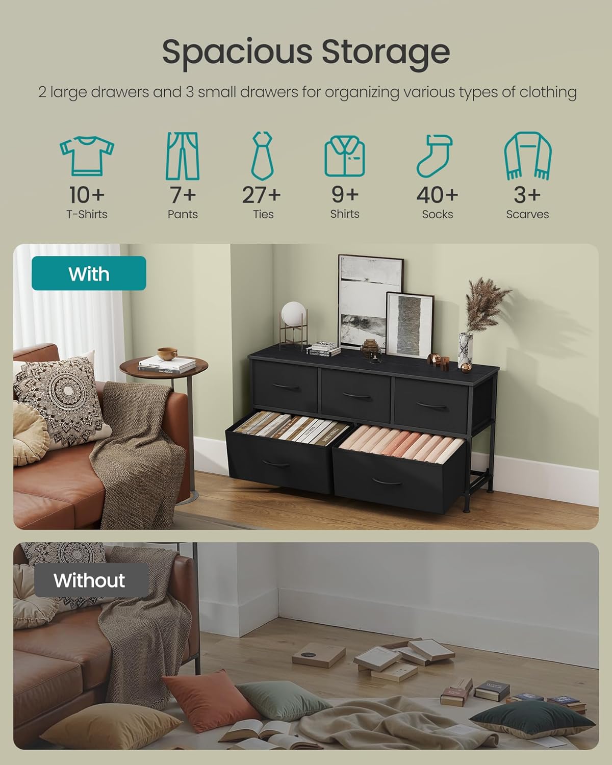 SONGMICS Dresser for Bedroom, Chest of Drawers, Steel, MDF, 5 Non-Woven Fabric Drawers, Storage Organizer Unit, Closet, Entryway, Ink Black and Ebony Black ULGS322B01S - Image 4