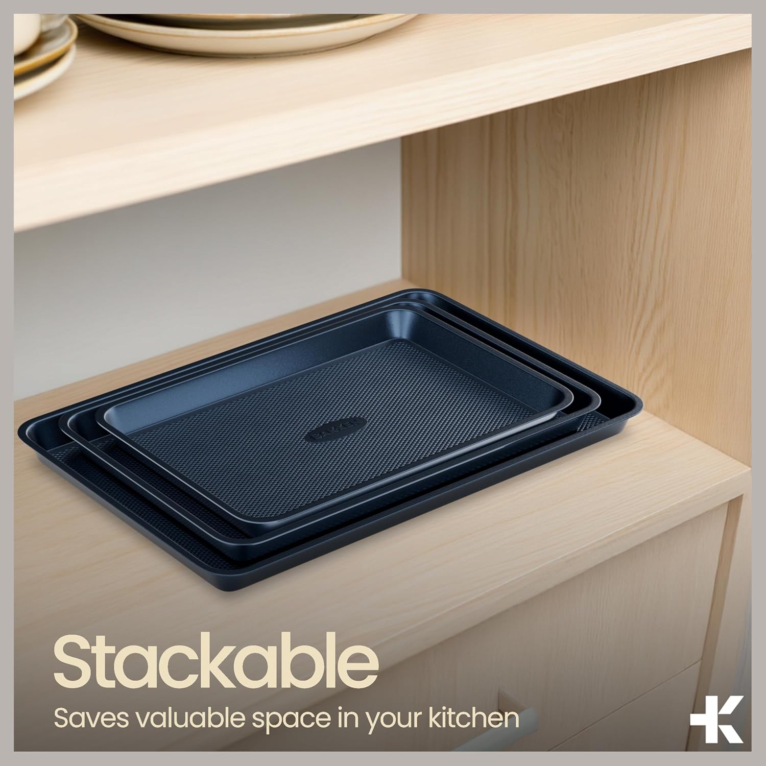 Diamond Bottom Cookie Sheet Set of 2, Nonstick Blue Carbon Steel Baking Pans for Crisp Baking, Space-Saving Stackable Trays, PFOA, PFOS, PTFE Free, Oven Safe Up to 450°F, Small & Medium Pans - Image 6