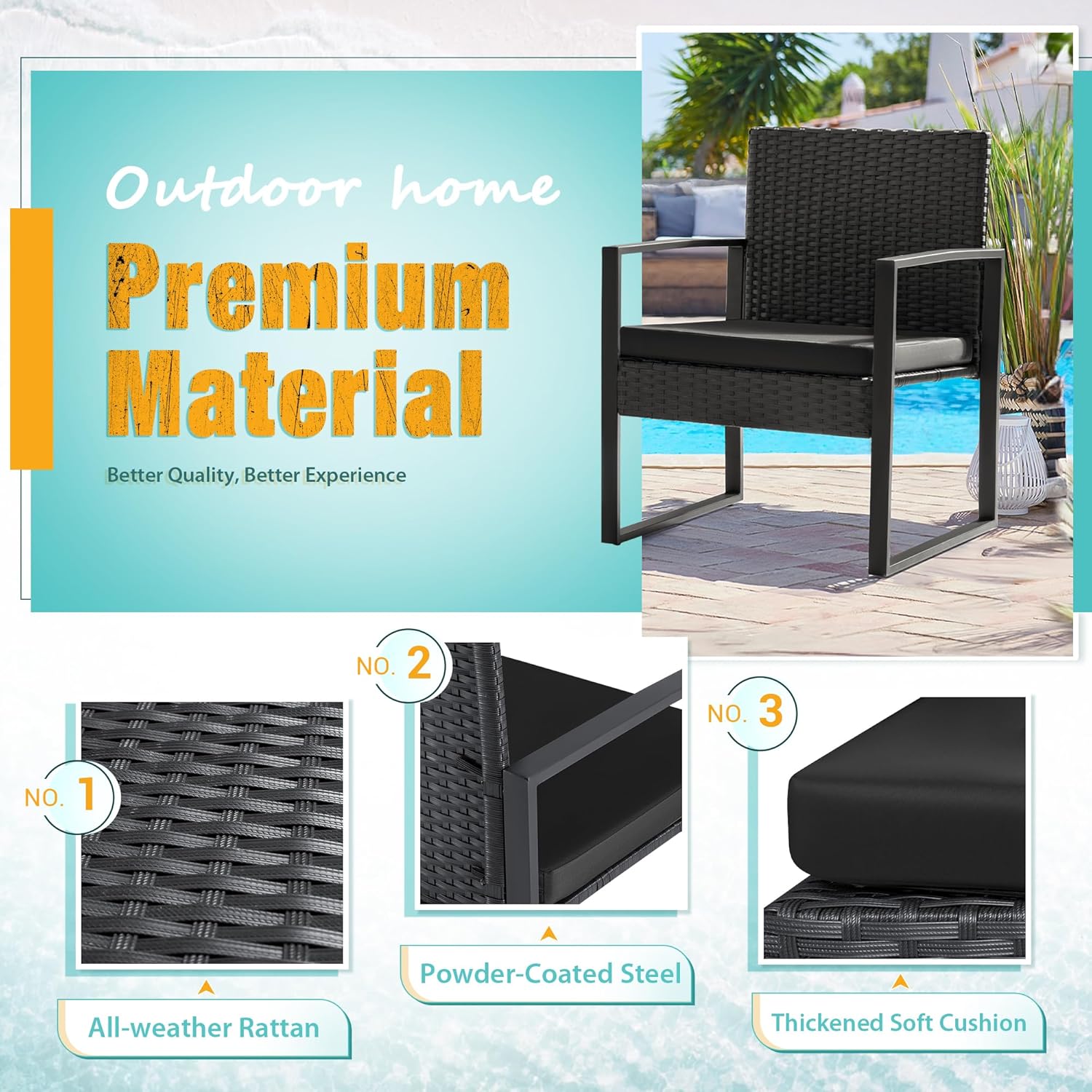 Flamaker 3 Pieces Outdoor Patio Wicker Furniture Set, Modern Rattan Chair Conversation Sets with Coffee Table for Yard and Bistro (Black) - Image 3