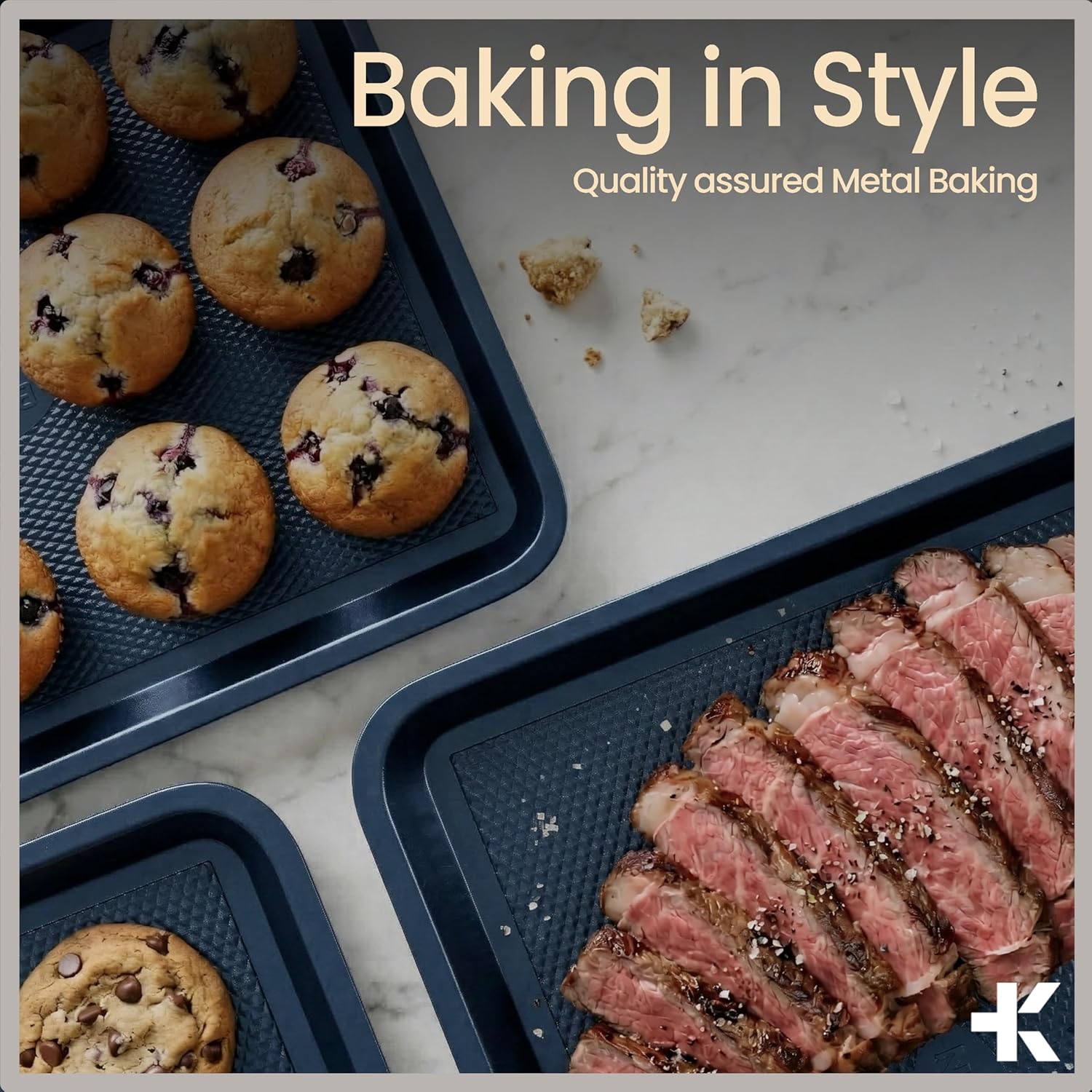 Diamond Bottom Cookie Sheet Set of 2, Nonstick Blue Carbon Steel Baking Pans for Crisp Baking, Space-Saving Stackable Trays, PFOA, PFOS, PTFE Free, Oven Safe Up to 450°F, Small & Medium Pans - Image 8