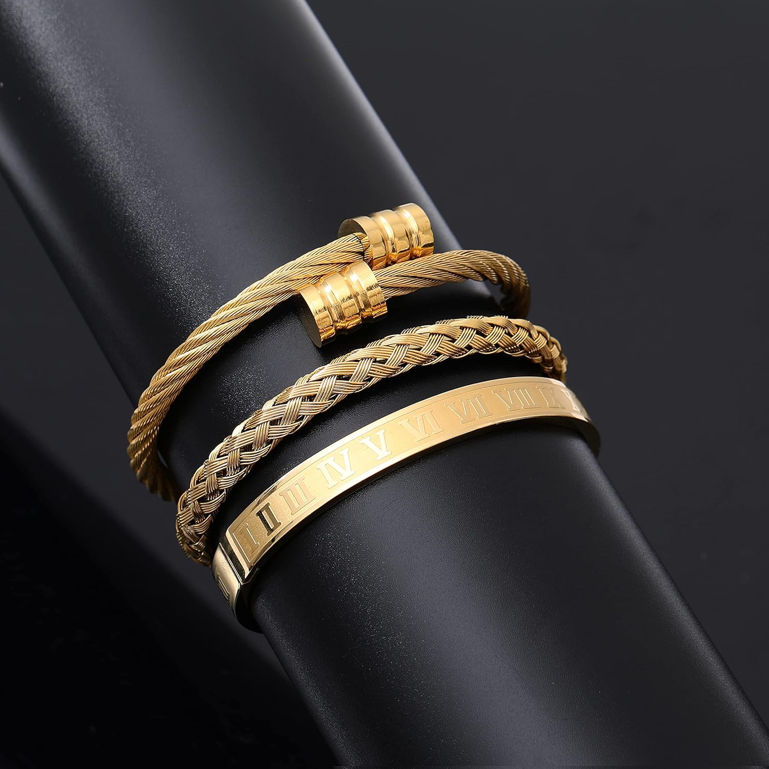WFYOU 3PCS Stainless Steel Bracelets for Men Gold Roman Numeral Bangle Bracelet Twisted Cable Bracelet Adjustable Cuff Bracelet Mens Luxury Jewelry Bracelets Gifts - Image 5
