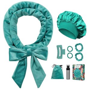 Gwabee No Heat Overnight Curl Headband, 70″ Soft Ribbon Wrap for Long Hair, 9 PCS Hair Curling Rods Set – Blue Green