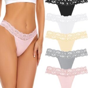 voenxe Seamless Thong for Women,No Show Lace Underwear,Ladies Cotton Blend Breathable Panties,Comfort Soft Undie,Tanga,5-Pack