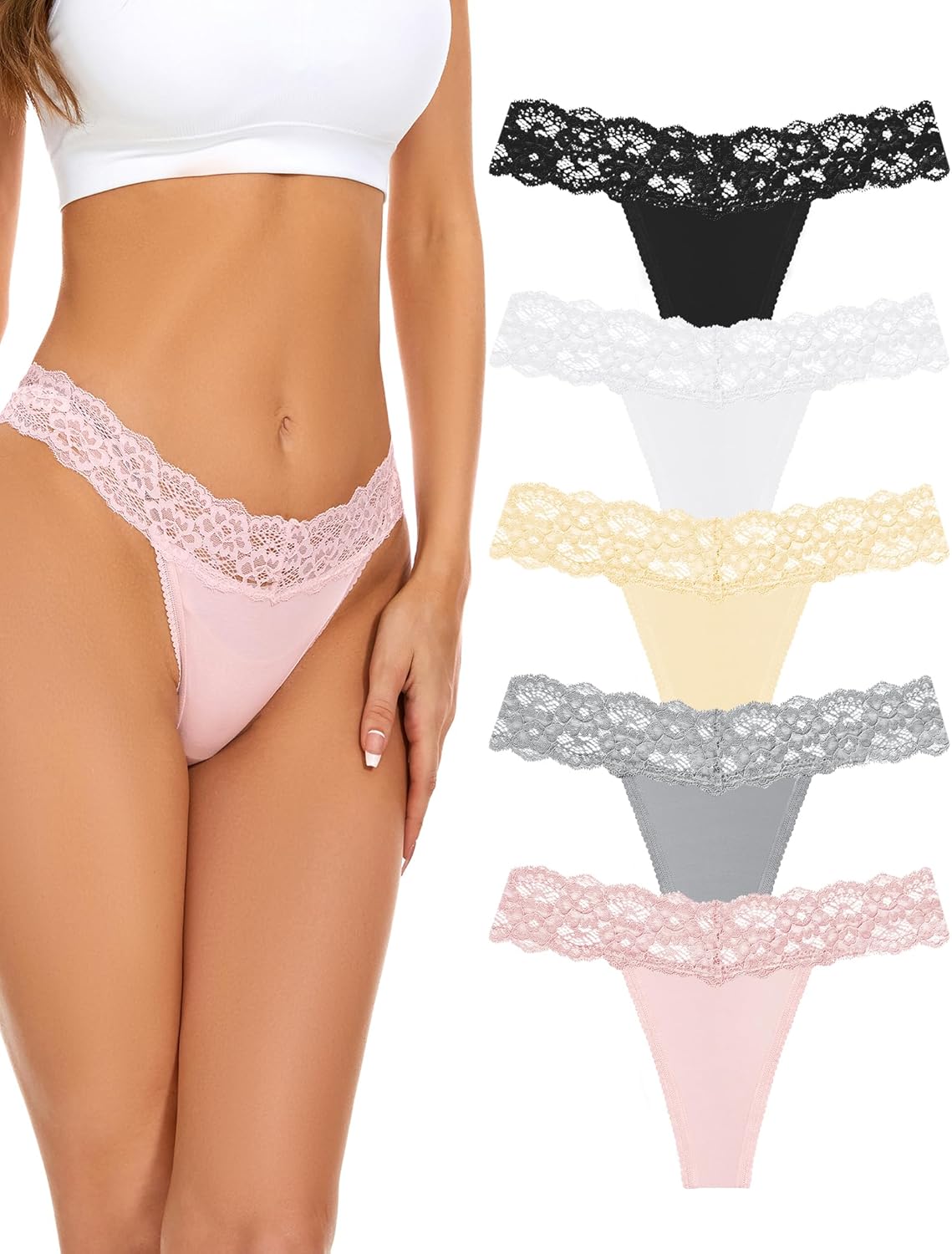 voenxe Seamless Thong for Women,No Show Lace Underwear,Ladies Cotton Blend Breathable Panties,Comfort Soft Undie,Tanga,5-Pack