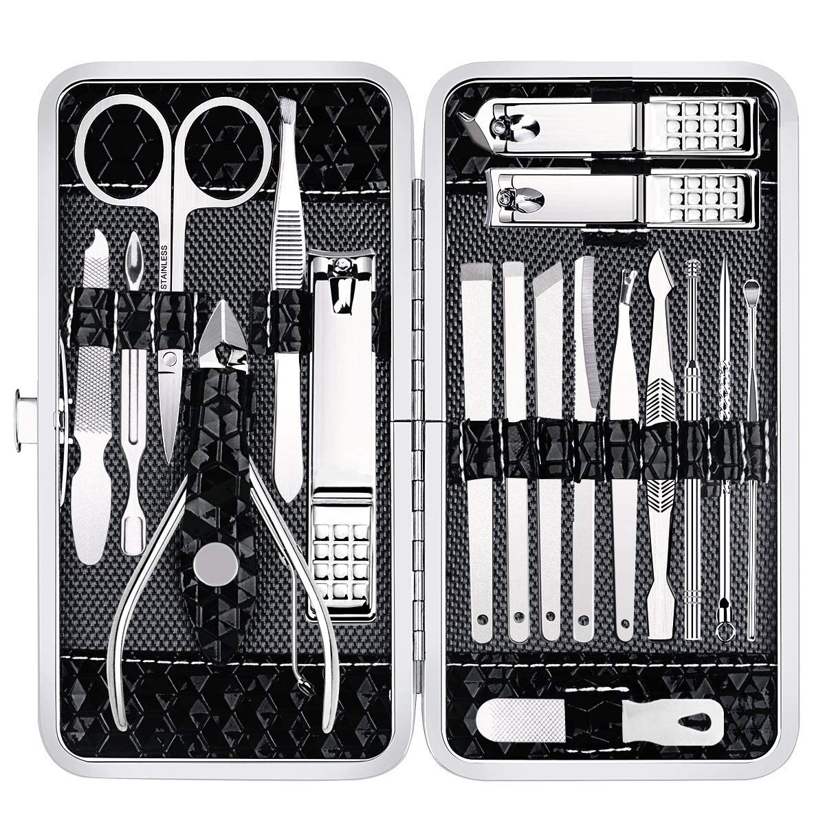 Yougai Nail Clippers Set - 18 Pcs Professional Manicure Pedicure Kit for Men Women, Stainless Steel Fingernail Toenail Clippers Cutters, Nail Care Grooming Tools with Leather Travel Case