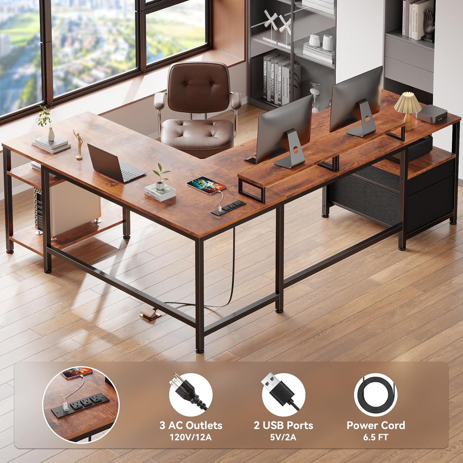 Furologee 66” L Shaped Desk with Power Outlet, Reversible Home Office Desk with File Drawer, 2 Monitor Stands, Storage Shelves, Corner Computer Table for Gaming, Writing, Rustic Brown - Image 4