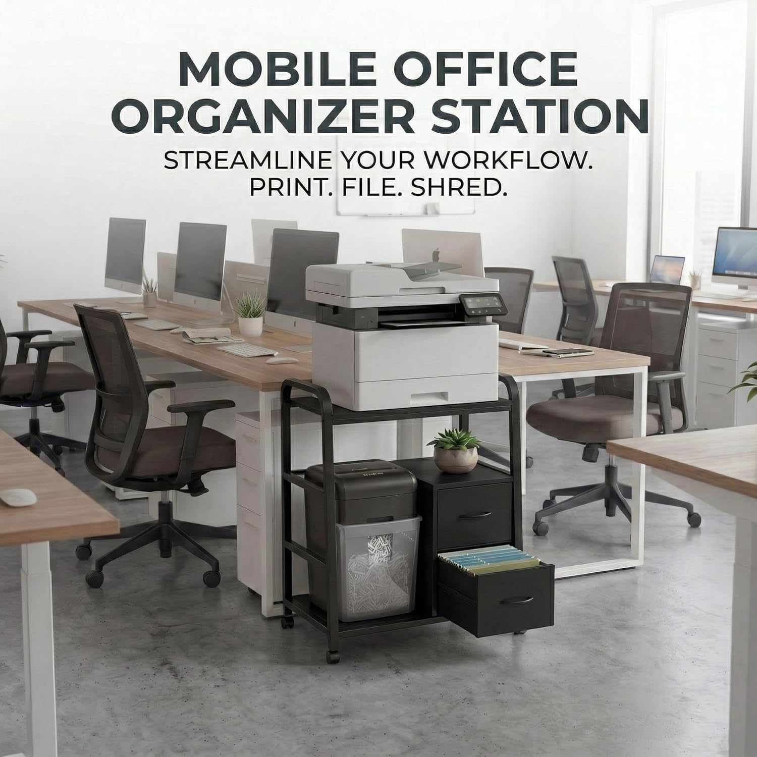 Printer Stand Featuring Fabric Drawers, Under Desk Host Computer Cabinet and Shredder Shelf, Heavy Duty Printer Stand with Storage Workstation Organization Printer Table for Home Office - Image 10