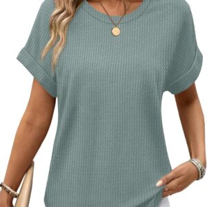 Sampeel Summer Tops for Women 2026 Trendy Rolled Short Sleeve Shirts Waffle Knit Crew Neck Tops Curved Hem Fashion Clothing