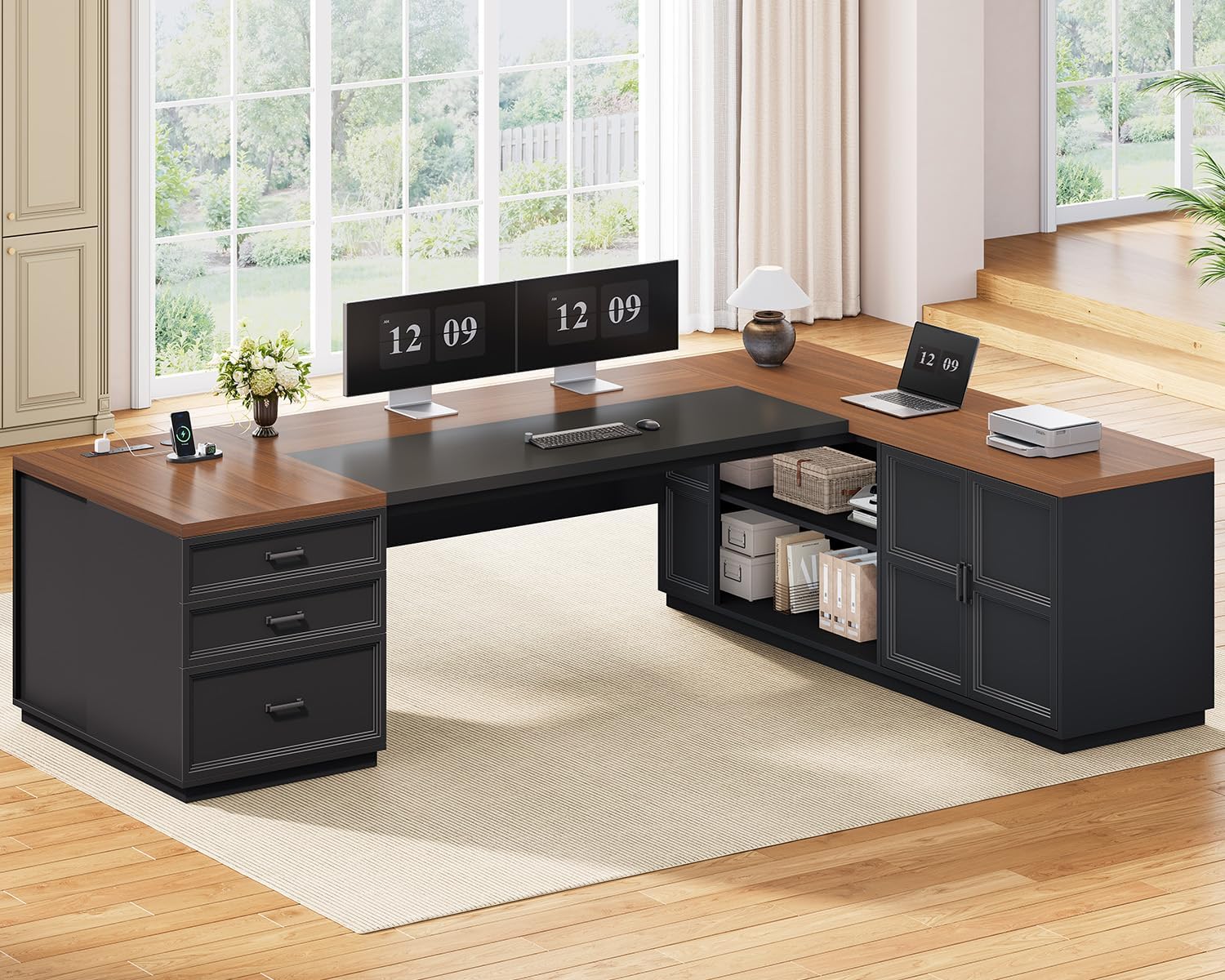 SEDETA 78.7" L Shaped Executive Desk with Charging Station, Large Home Office Computer Desk with File Drawers & Adjustable Storage Cabinet, CPU Stand, Modern L Desk for Business, Black + Brown