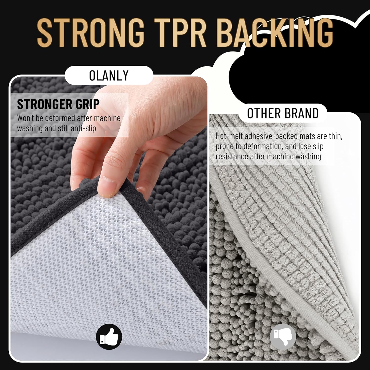 OLANLY Thick Bathroom Rugs 30x20, Extra Soft Absorbent Chenille Striped Bath Rugs, Rubber Backing, Machine Wash Dry, Bath Mats for Bathroom Floor, Tub and Shower, Home Decor Accessories, Dark Grey - Image 4