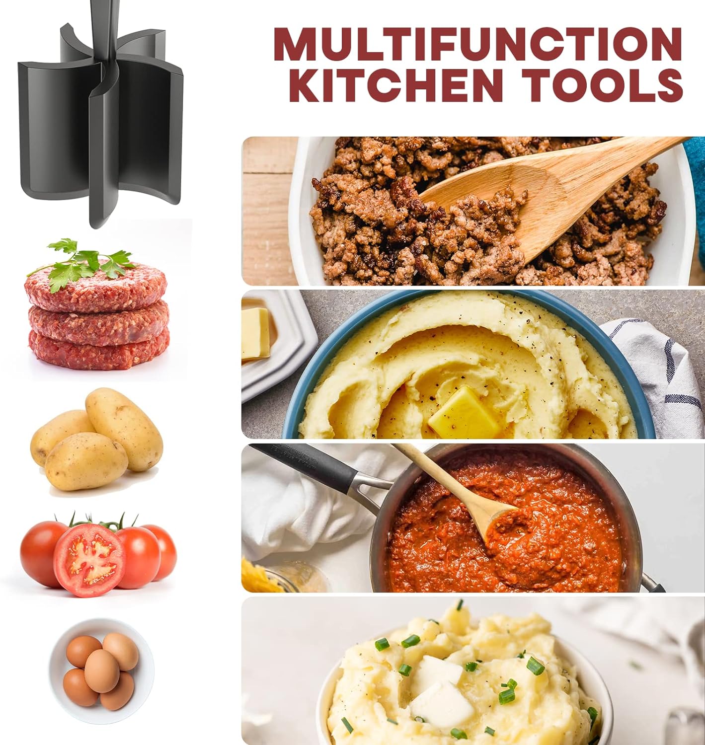 Meat Chopper, Hamburger Grinder, Premium Heat Resistant Smasher for Ground Beef, Burger Grinder Nylon Potato Mix Tool, Meat & Poultry Tenderizers-Black - Image 3
