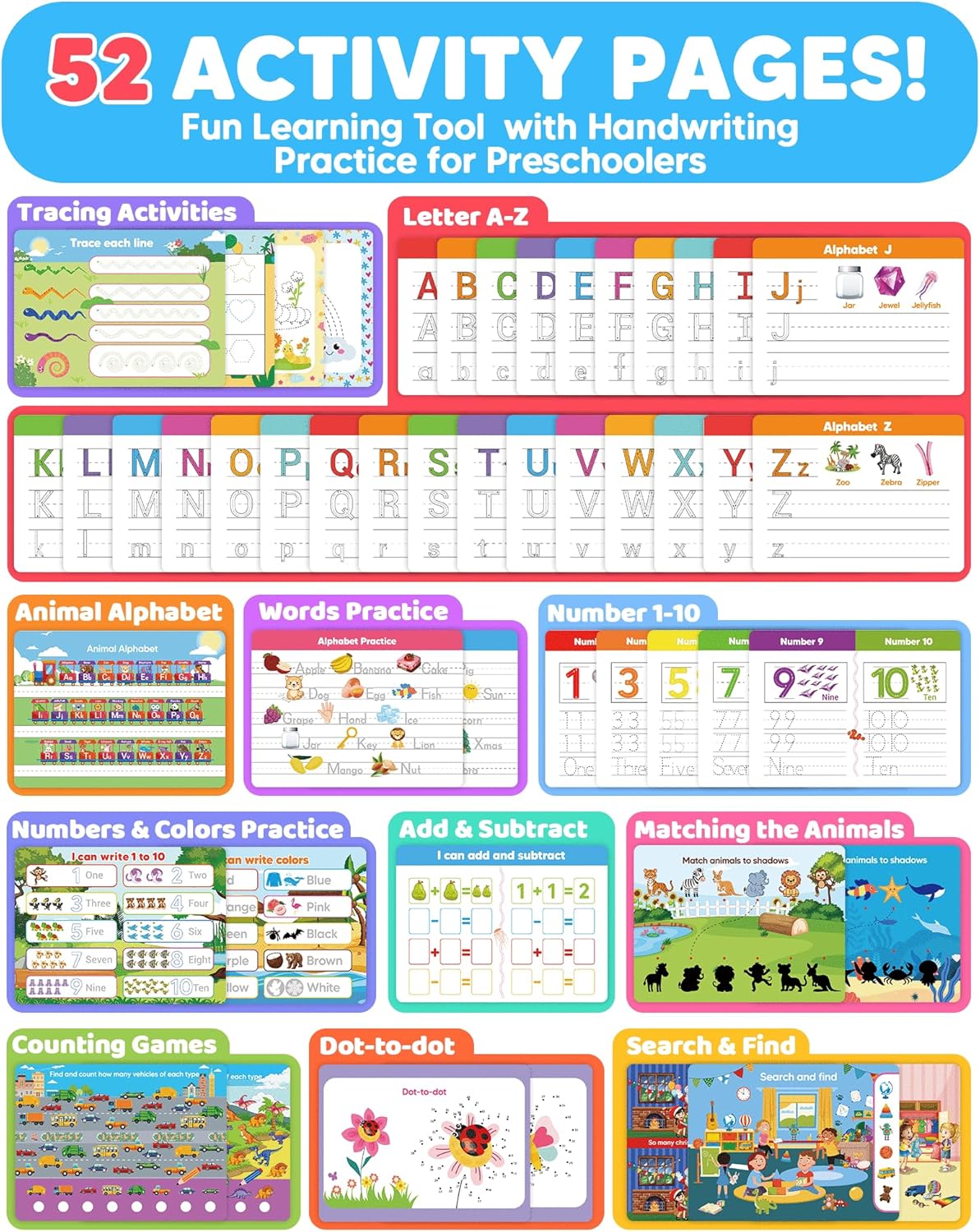 Preschool Learning Activities Kindergarten Workbooks, Toddler Busy Book Handwriting Practice, Coloring Tracing Activity Book for Kids 3-5, Montessori Educational Toys for 3 4 5 Year Old Boy Girl Gifts - Image 2
