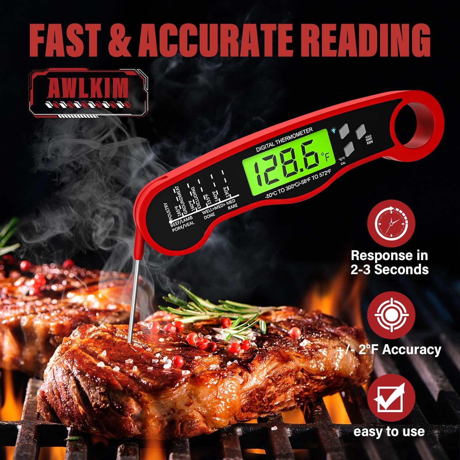 AWLKIM Meat Thermometer Digital - Instant Read Waterproof Food Thermometer with Backlight for Cooking, Grill, Candy, Kitchen & Stocking Stuffers for Men - Red - Image 2