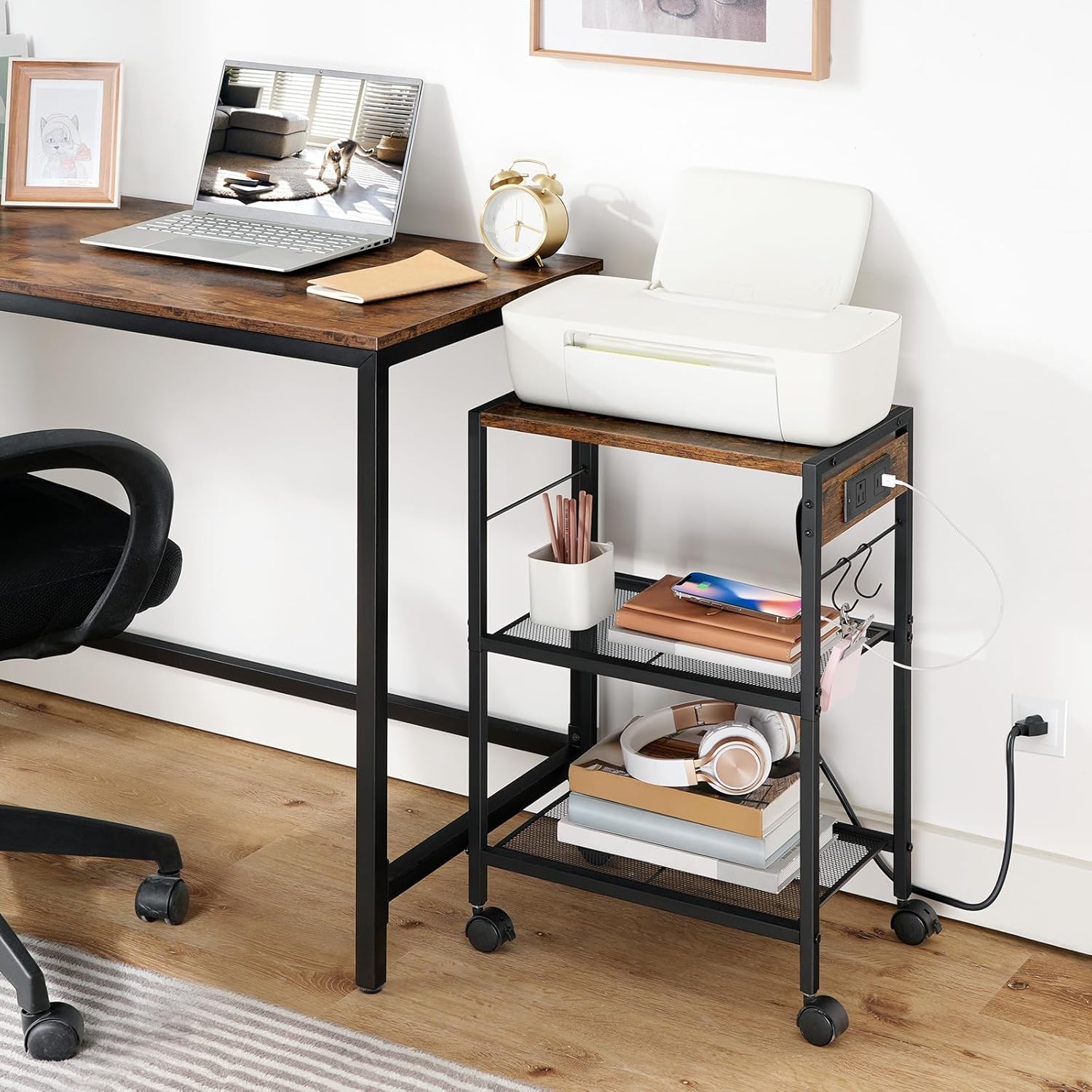 HOOBRO Industrial Printer Stand, 3-Tier Mobile Printer Table, Rolling Cart with Power Outlets and USB Ports, Home Printer Stand with 2 Hooks, for Office, Living Room, Rustic Brown BF22UPS01 - Image 3