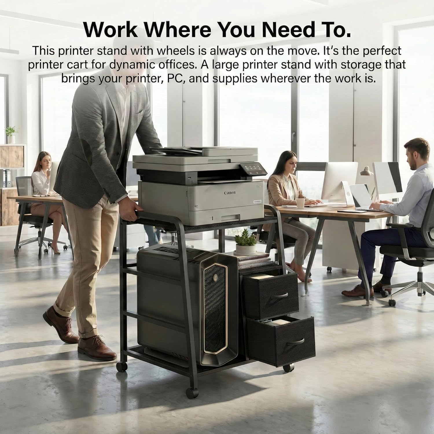 Printer Stand Featuring Fabric Drawers, Under Desk Host Computer Cabinet and Shredder Shelf, Heavy Duty Printer Stand with Storage Workstation Organization Printer Table for Home Office - Image 14