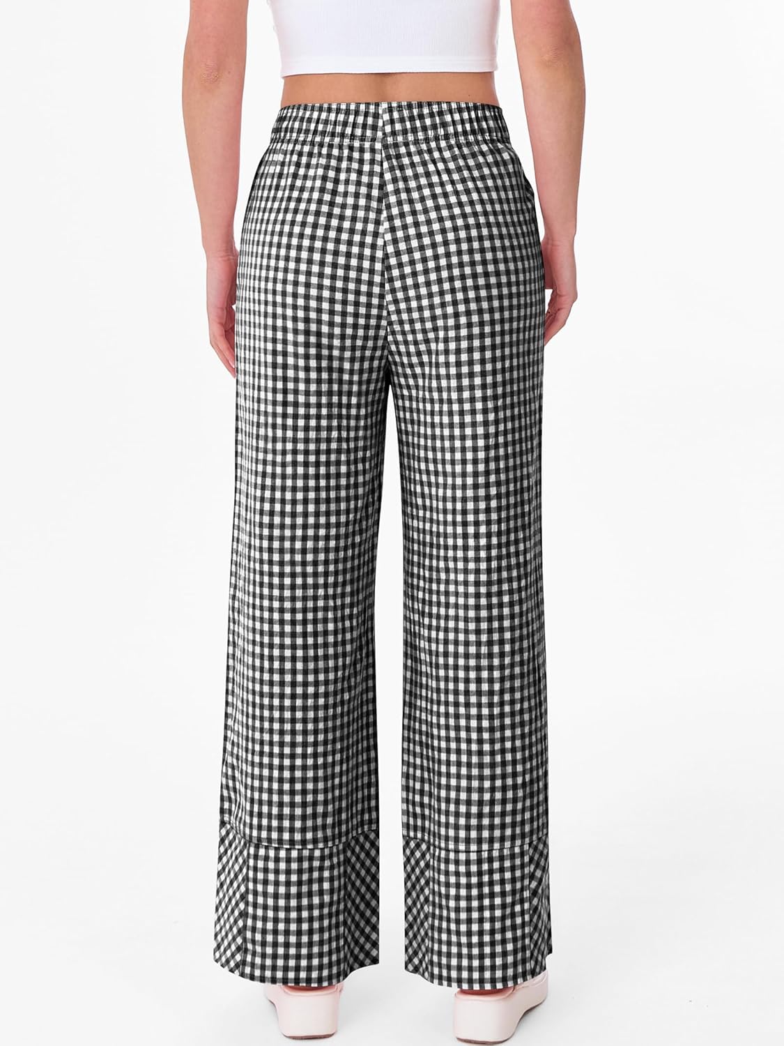 ANRABESS Womens Gingham Pants Checkered Plaid Striped Boxer Wide Leg Palazzo Pants Lounge PJ Bottoms Trousers with Pockets - Image 5
