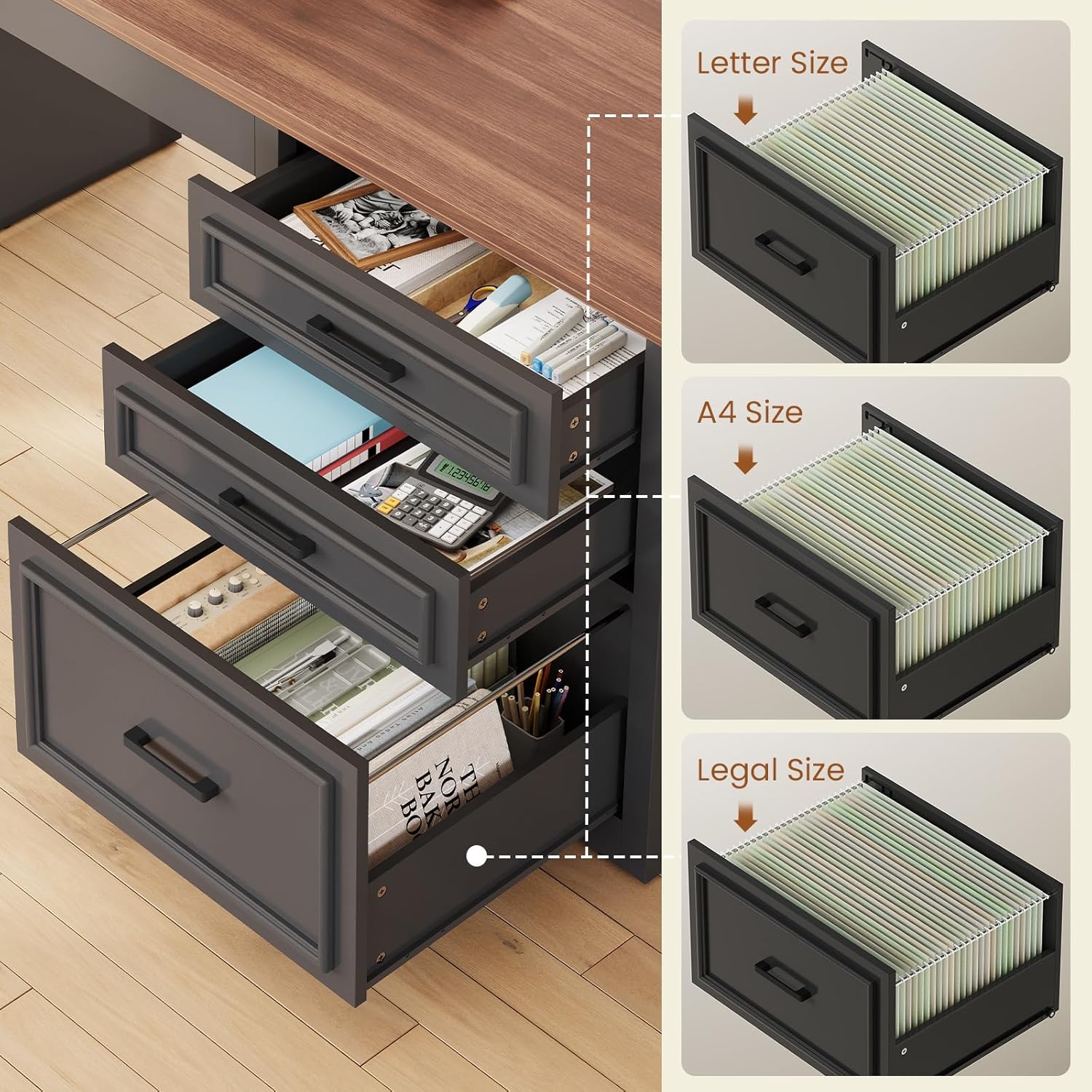SEDETA Farmhouse L Shaped Electric Standing Desk, 63" x 67" Height Adjustable Home Office Executive Desk with Drawers and Shelves, Standing Computer Desks with Power Outlet for Home Office, Black - Image 6