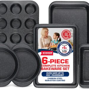BAKKEN 6-Piece Kitchen Baking Pan Set – Commercial Grade Carbon Steel Bakeware, With Nonstick Coating, Stackable and Space-saving Design, PFOA, PFOS, PTFE Free, Oven Safe (Up To 450°F), Gray Marble