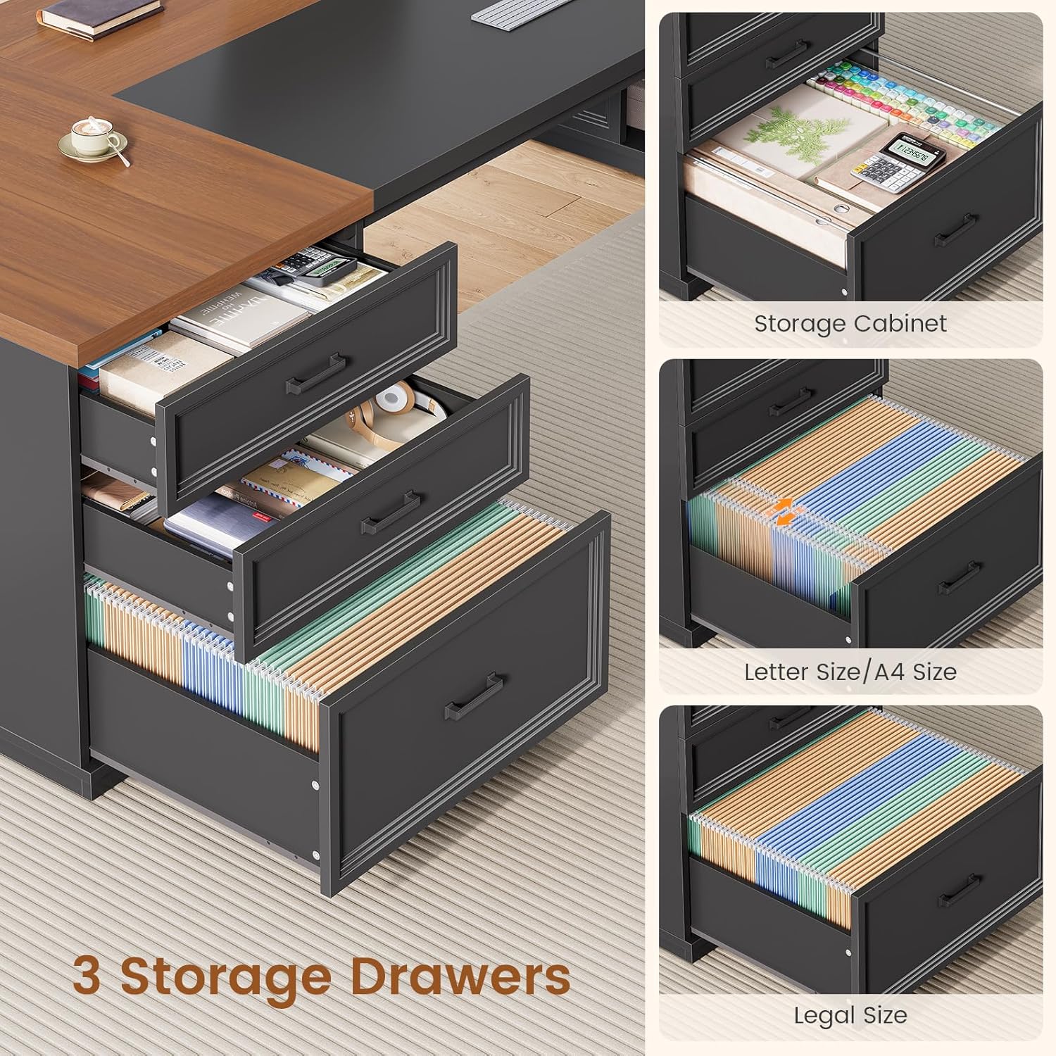 SEDETA 78.7" L Shaped Executive Desk with Charging Station, Large Home Office Computer Desk with File Drawers & Adjustable Storage Cabinet, CPU Stand, Modern L Desk for Business, Black + Brown - Image 4