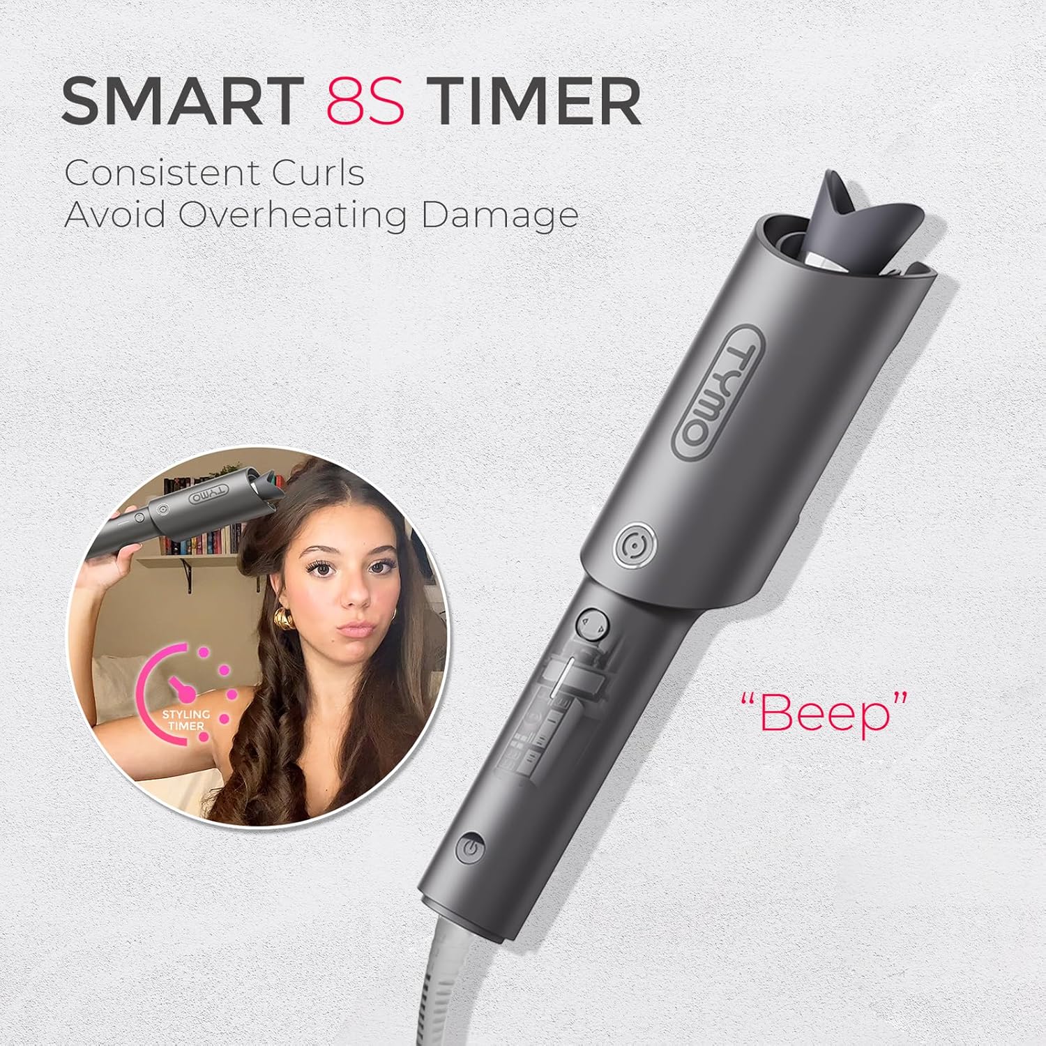 TYMO Automatic Rotating Curling Iron - TYMO CURLPRO Beach Waves Curling Wand, Portable Hair Curler, 500 Million Ionic, Dual Voltage & Lightweight for Travel, Ceramic Coating, 1 Inch, Metallic Gray - Image 8