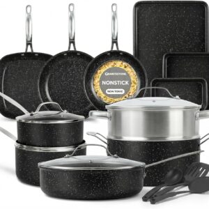 GRANITESTONE 20 Pc Complete Pots and Pans Set Non Stick Cookware Set with Saute Pan, Bakeware, Steamer, Cooking Utensils, Made Without PFOA PFOS, Oven and Dishwasher Safe