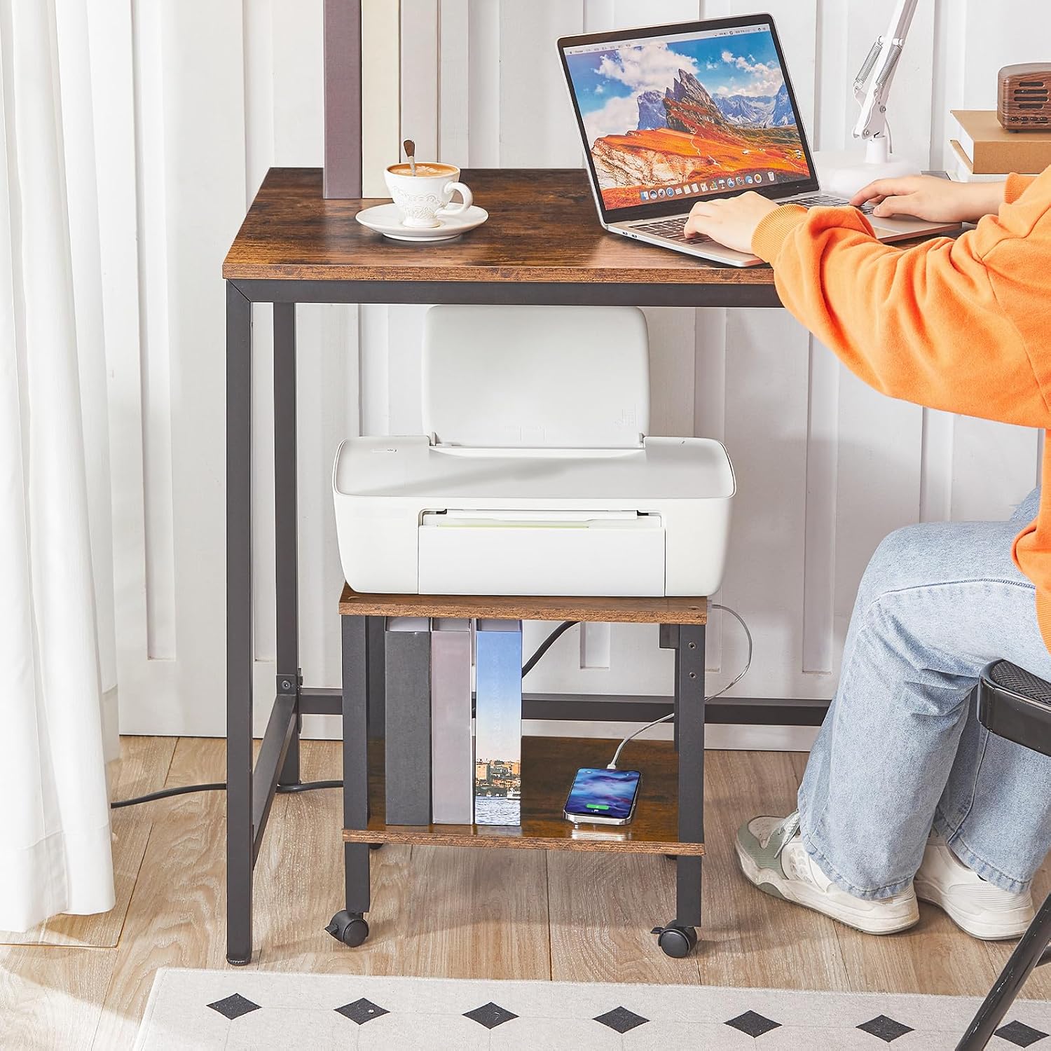 HOOBRO 2-Tier Printer Stand with Charging Station, Under Desk Printer Table, Printer Cart with Storage Shelves, Shelf for Small Spaces, for Home Office, Rustic Brown and Black BF38UPS01 - Image 7