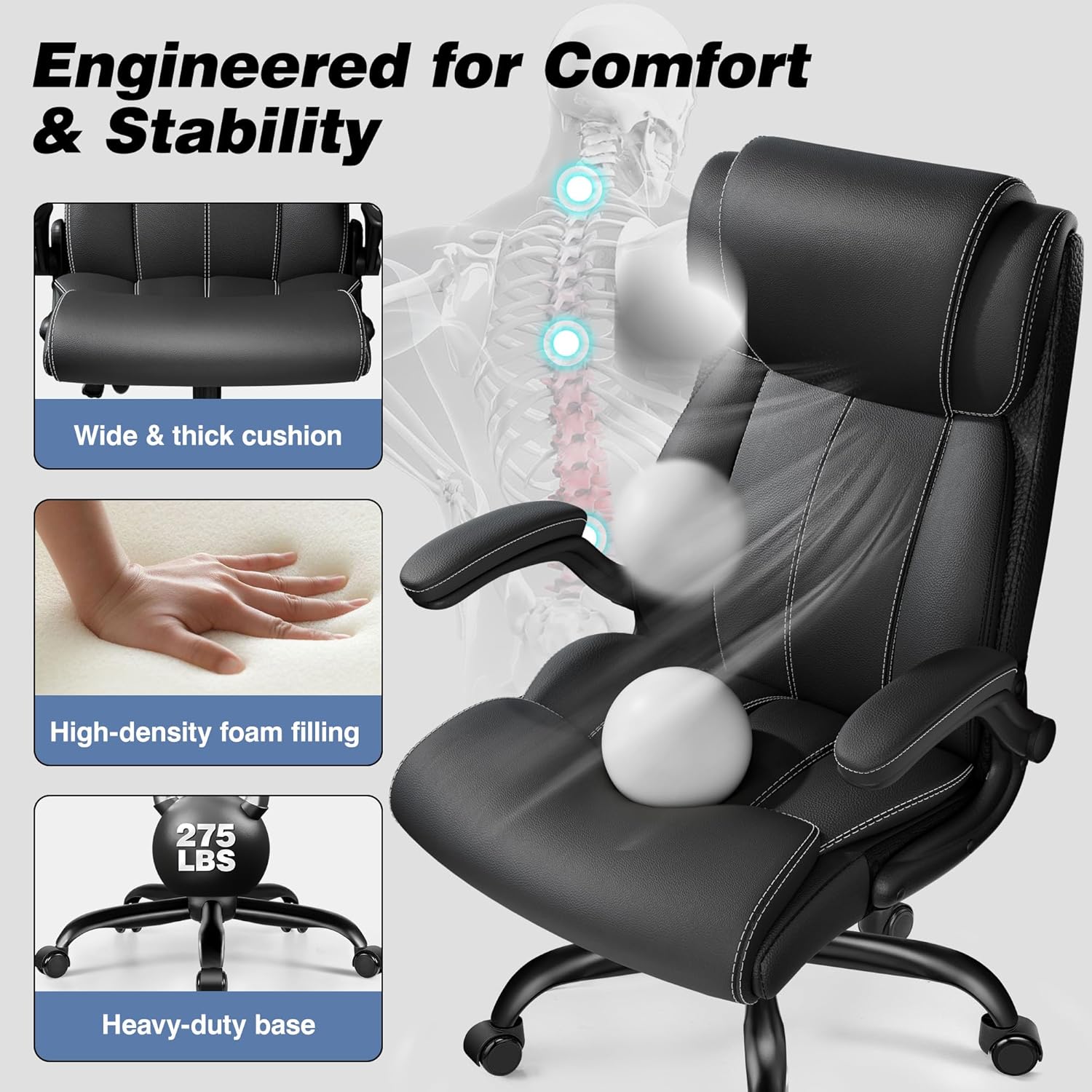 BESTFAIR Ergonomic Office Chair - Desk Computer Chair, Leather High Back Executive Chairs with Adjustable Lumbar Support & Flip Up Arms, Rocking, Black - Image 5