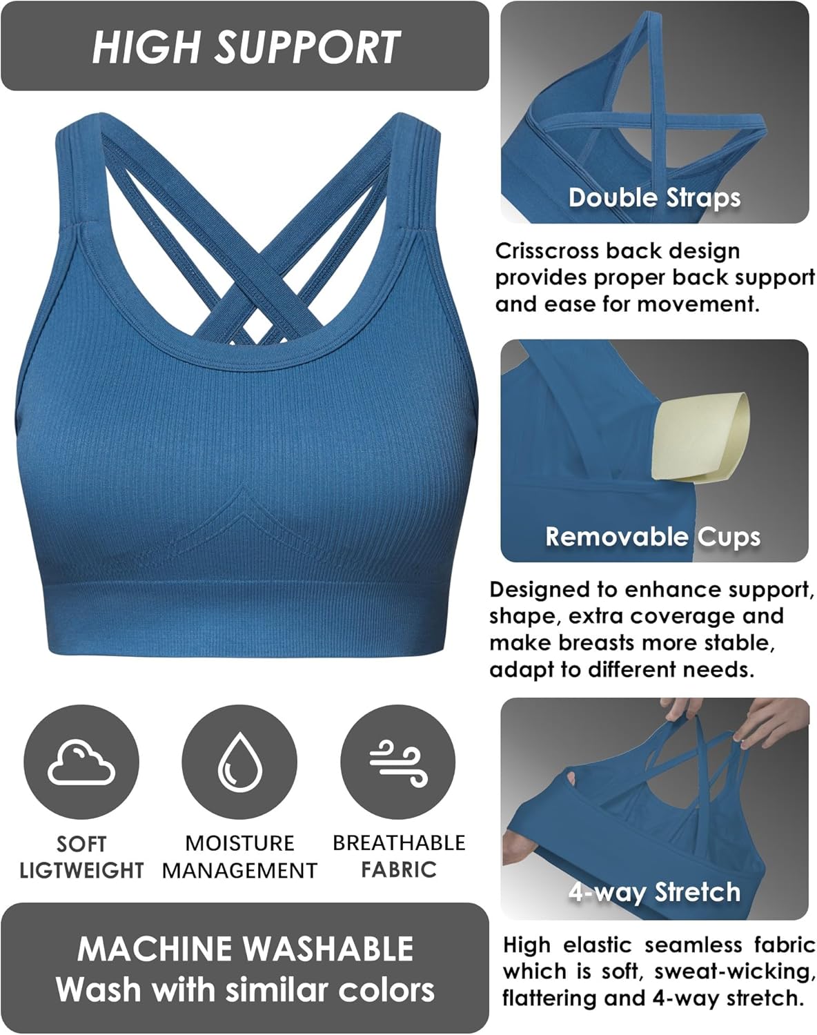 Sports Bras for Women HIigh Support, Criss-Cross Back Padded Strappy High Impact Sports Bras for Women Large Bust - Image 5