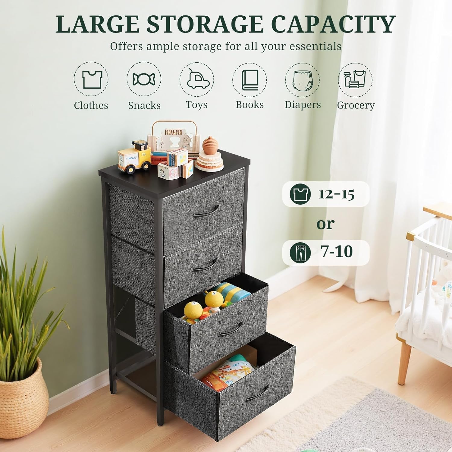 Nightstand, 4 Drawer Dresser End Table Bedside Furniture with Wooden Top Steel Frame Fabric Bins for Bedroom, Closet, Entryway, Dorm, Living Room, Gray - Image 5