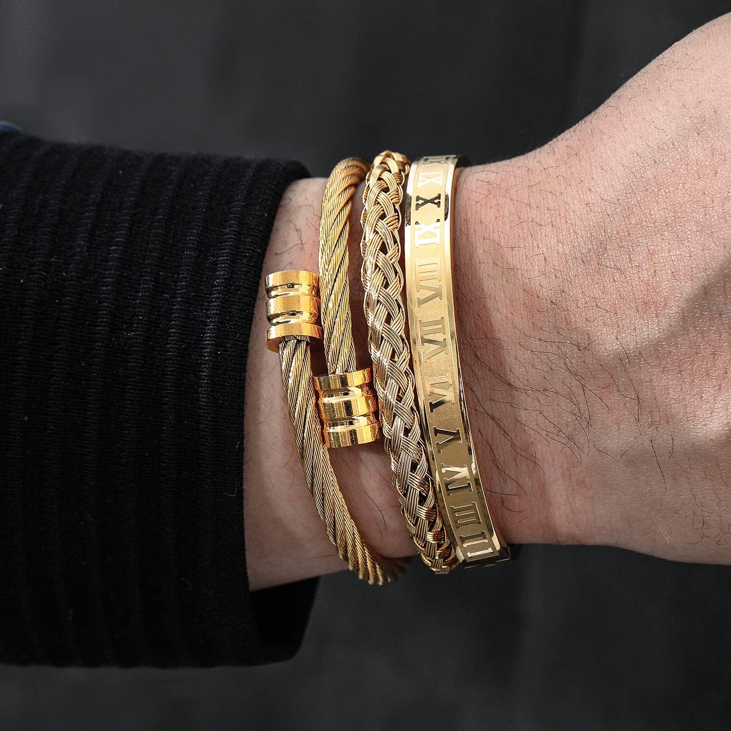 WFYOU 3PCS Stainless Steel Bracelets for Men Gold Roman Numeral Bangle Bracelet Twisted Cable Bracelet Adjustable Cuff Bracelet Mens Luxury Jewelry Bracelets Gifts - Image 2