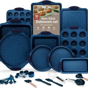 BAKKEN Kitchen Baking Pan Set – Nonstick Coating, Carbon Steel Bakeware Sets with Blue Silicone Handles, Baking Kitchen Essentials, PFOA, PFOS, PTFE Free, Oven Safe Tray (Up To 450° F), Set of 18