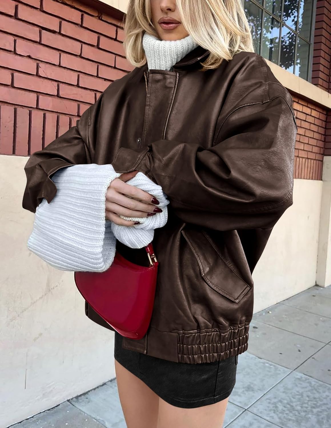 PRETTYGARDEN Women's Faux Leather Motorcycle Jacket Trendy Fall Spring Clothes Oversized Zip Up Winter Coat Outerwear - Image 5