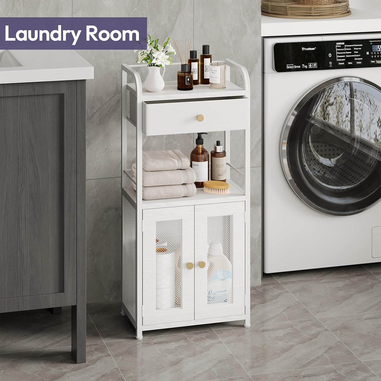 SWTYMIKI 14.57"x32.28" Bathroom Storage Cabinet – Freestanding Toilet Paper Storage with Doors & Drawer, Bathroom Organizers and Storage for Small Spaces, Laundry Room, Ideal for Towels, White - Image 5