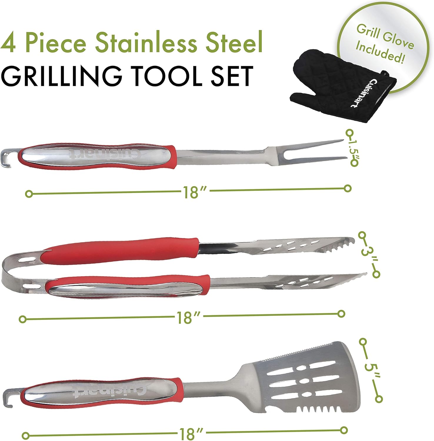 Cuisinart 3‑Piece Stainless Steel BBQ Grilling Tool Set with Grill Glove – Outdoor Grill Accessories, Perfect Grilling Gift for Men, Dads & Grill Masters, CGS-134 - Image 3