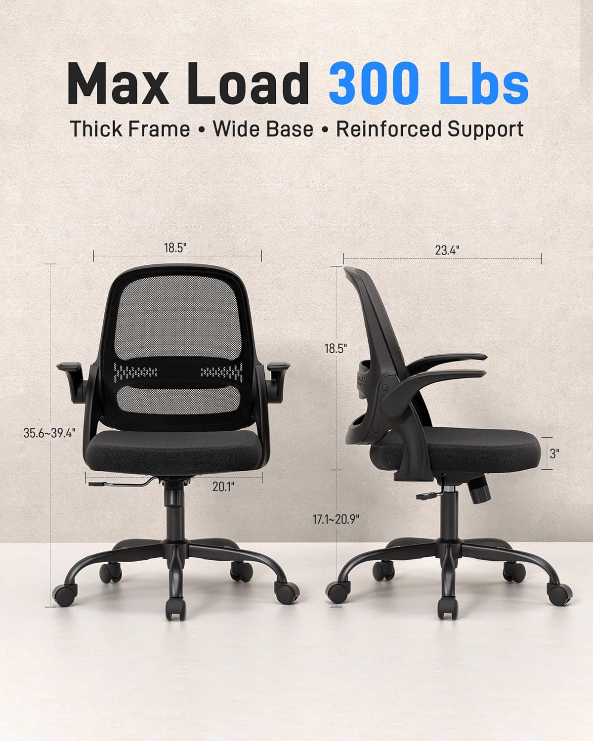 Ergonomic Mesh Office Chair for Home Office, Flip-Up Arms, Breathable Mesh Back & Thick Seat Cushion, Swivel Rolling Computer Desk Chair, BIFMA Certified, Supports 300 lbs (Black Frame/Black Seat) - Image 2