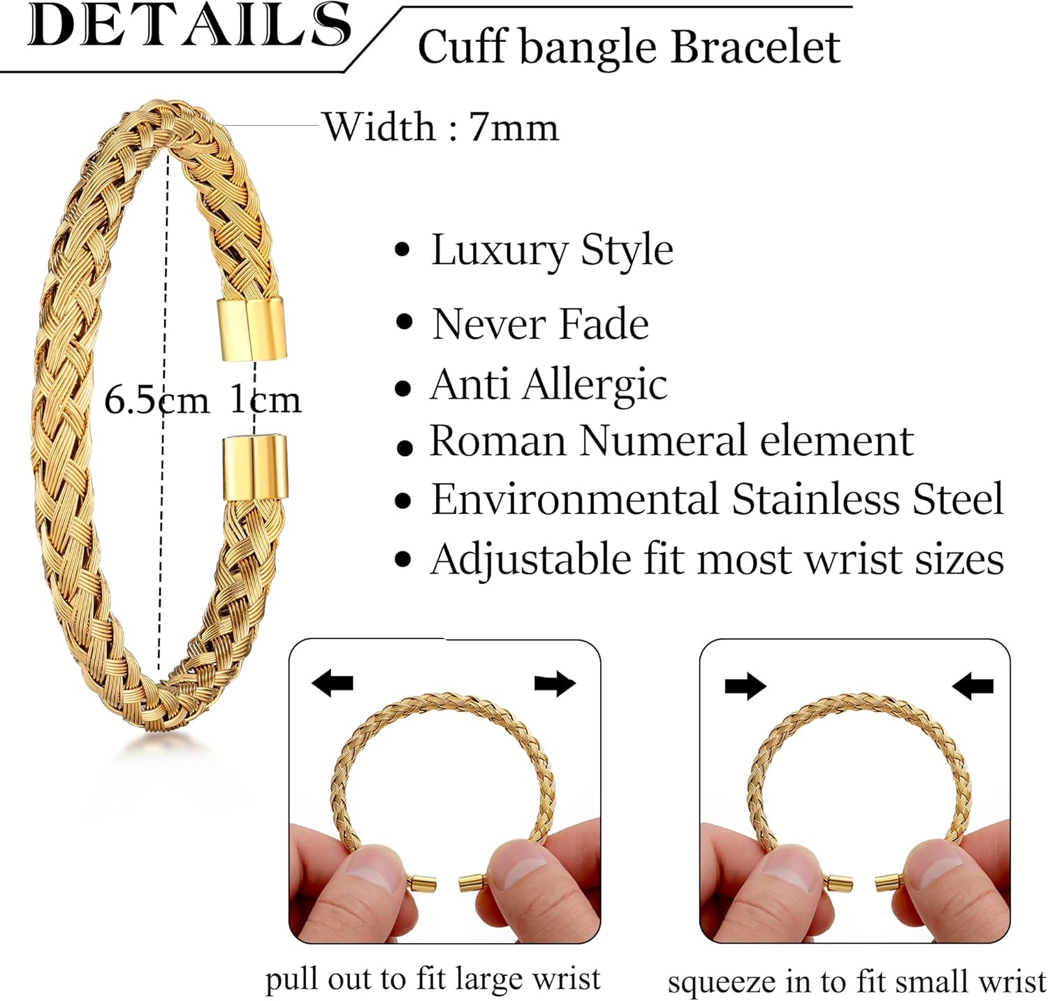 WFYOU 3PCS Stainless Steel Bracelets for Men Gold Roman Numeral Bangle Bracelet Twisted Cable Bracelet Adjustable Cuff Bracelet Mens Luxury Jewelry Bracelets Gifts - Image 4