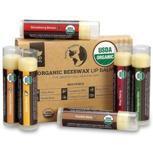 Earth’s Daughter USDA Organic Lip Balm 6-Pack – Fruit Flavors, Beeswax, Coconut Oil, Vitamin E – Best Lip Repair Chapstick for Dry Cracked Lips – Moisturizing Lip Care