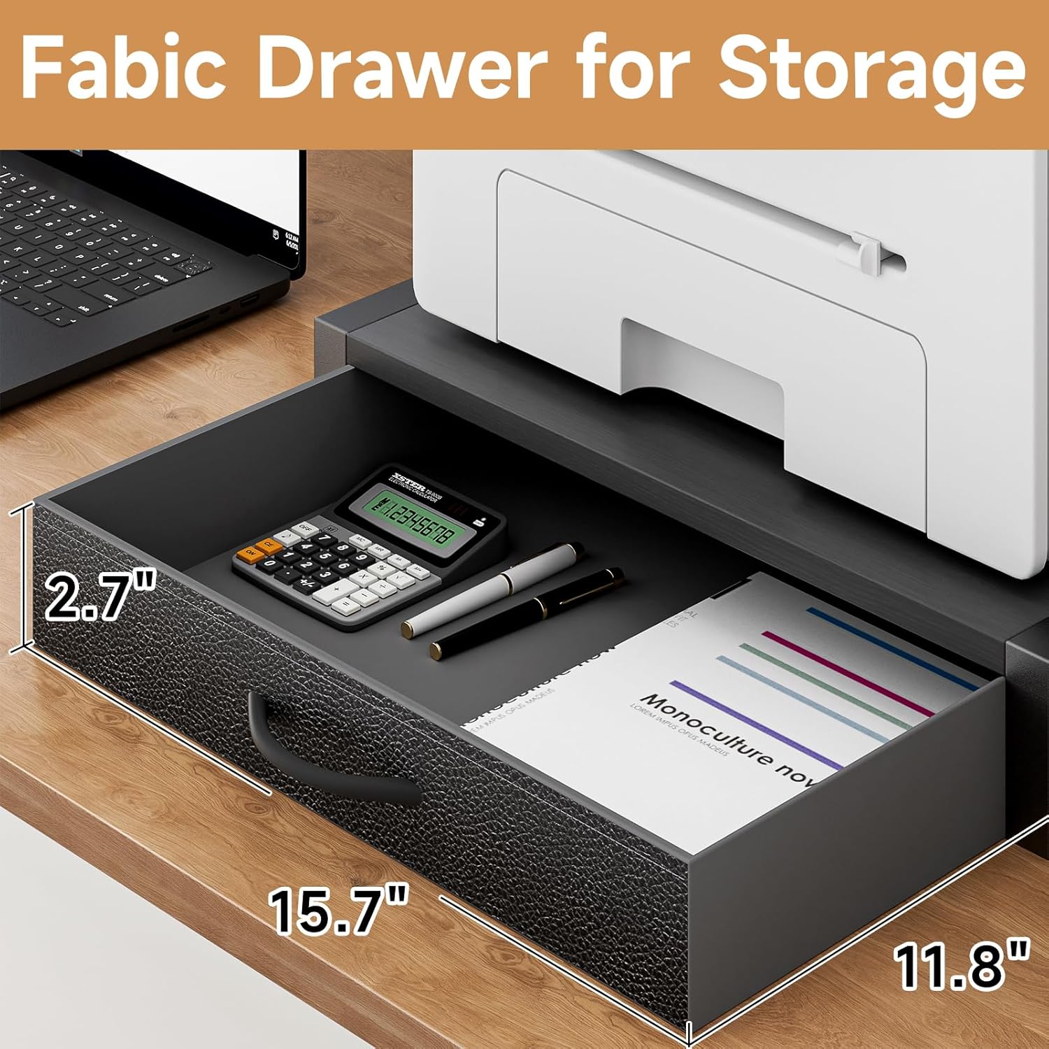 YAOHUOO 2-Tier Desktop Printer Stand with Fabric Drawer, Prtiner Table with Storage Shelf, Desk Organizer for Home Office,3D Printer,Fax Machine,Scanner, 17.3"x11.8" Black - Image 4