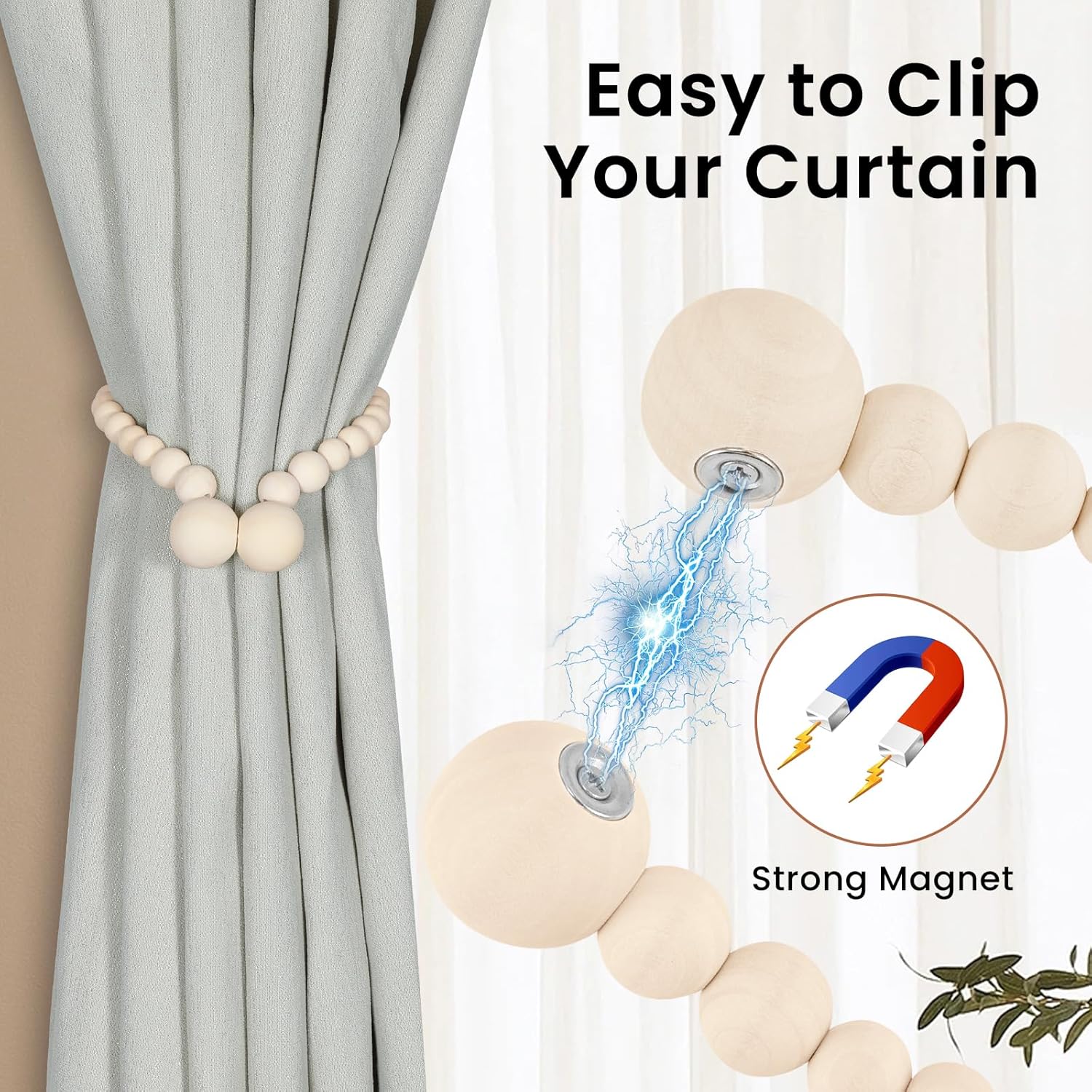 KLOGTSIND Magnetic Curtain Tiebacks, Curtain Holdbacks for Curtains 2 Pack, Wood Bead Curtain Holders for Boho Bedroom Decor, Baby Nursery Decor, Farmhouse Decor - Image 2