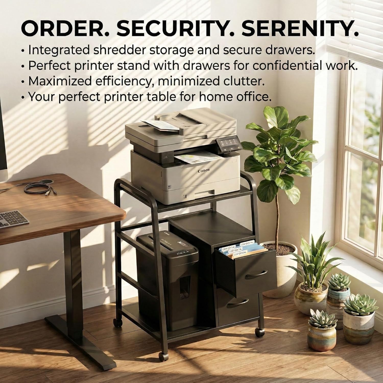 Printer Stand Featuring Fabric Drawers, Under Desk Host Computer Cabinet and Shredder Shelf, Heavy Duty Printer Stand with Storage Workstation Organization Printer Table for Home Office - Image 7