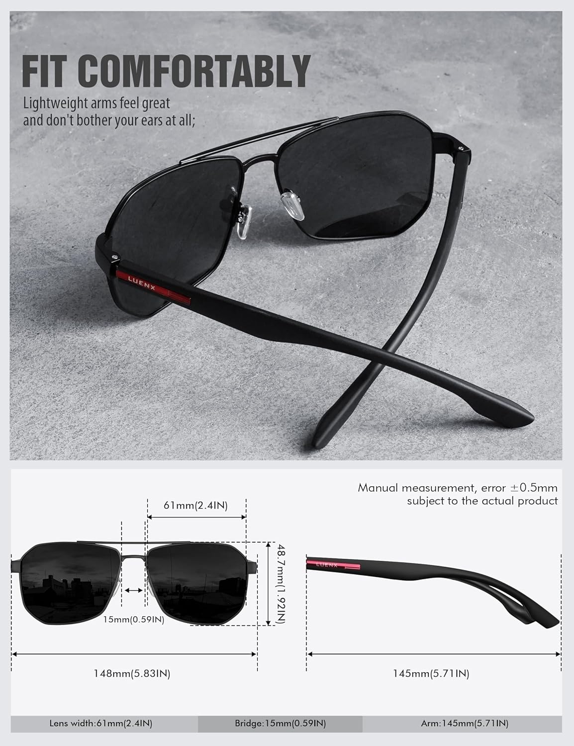 LUENX Aviator Sunglasses for Men Square Polarized Polygon Lens - UV 400 Protection with Accessories Driving Outdoor - Image 6