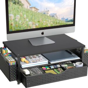 Spacrea Desk Organizer and Accessories, Computer Monitor Stand Riser with Drawer and 2 Pen Holders, Office Desk Accessories & Workspace Organizers for Office Supplies (Black)