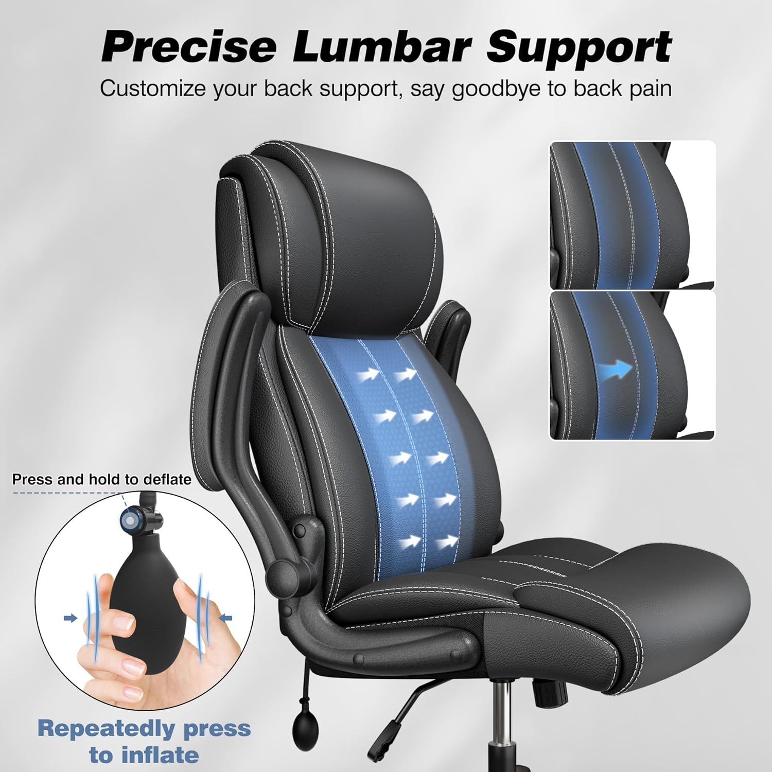 BESTFAIR Ergonomic Office Chair - Desk Computer Chair, Leather High Back Executive Chairs with Adjustable Lumbar Support & Flip Up Arms, Rocking, Black - Image 4