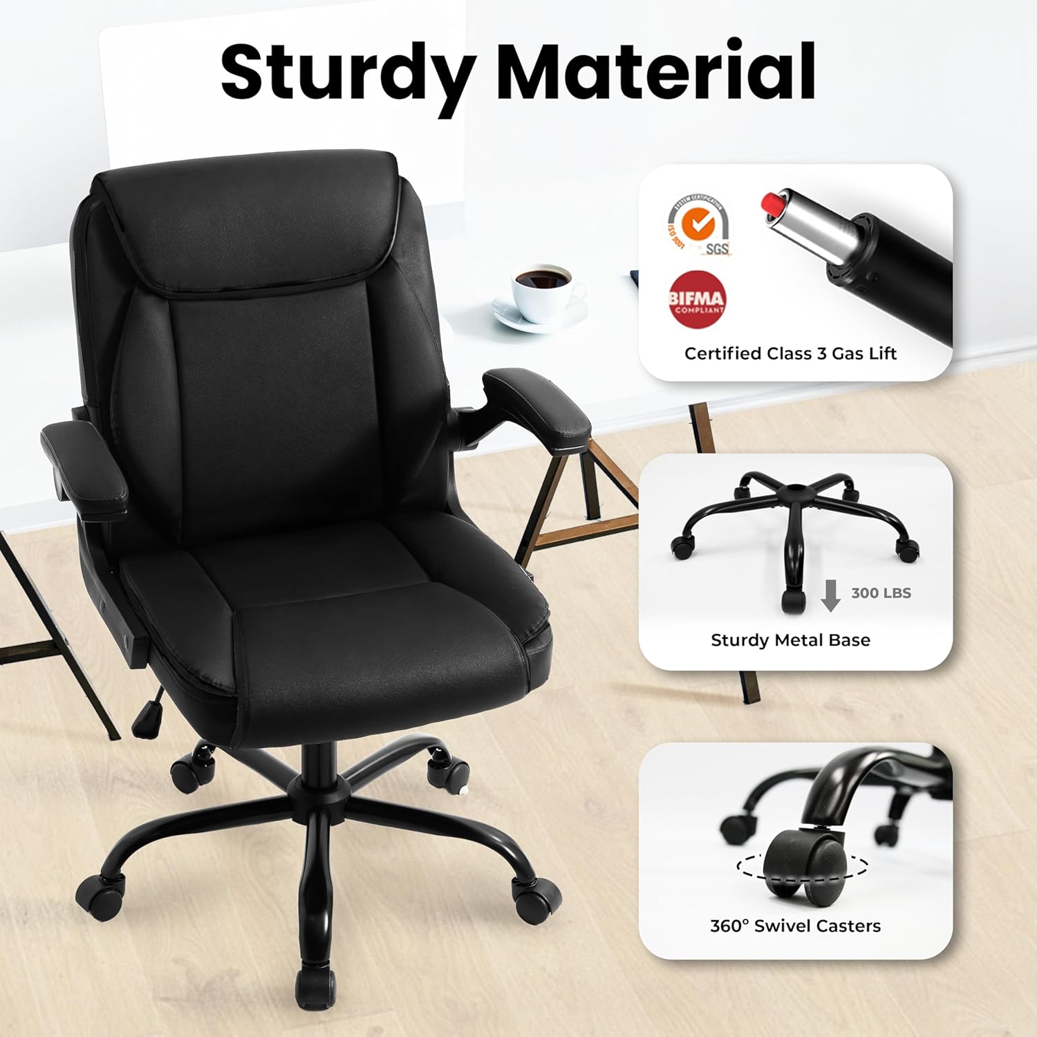 NEO CHAIR Desk Office Gaming Computer Chair Ergonomic Executive Mid-Back Leather with Adjustable Padded Flip-Up Armrests Cushion Wheels Swivel for Home Study Task (Black White) - Image 8