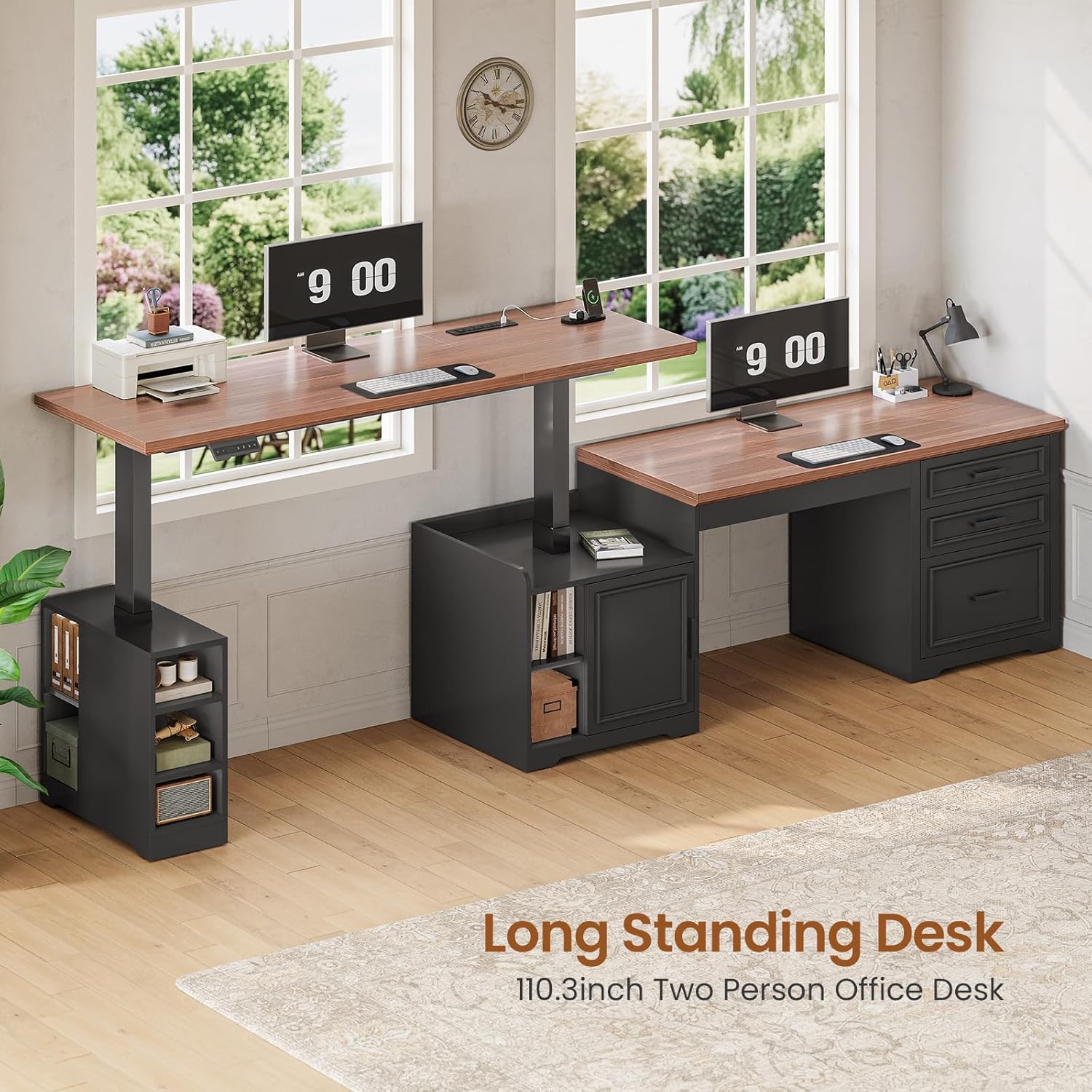 SEDETA Farmhouse L Shaped Electric Standing Desk, 63" x 67" Height Adjustable Home Office Executive Desk with Drawers and Shelves, Standing Computer Desks with Power Outlet for Home Office, Black - Image 4