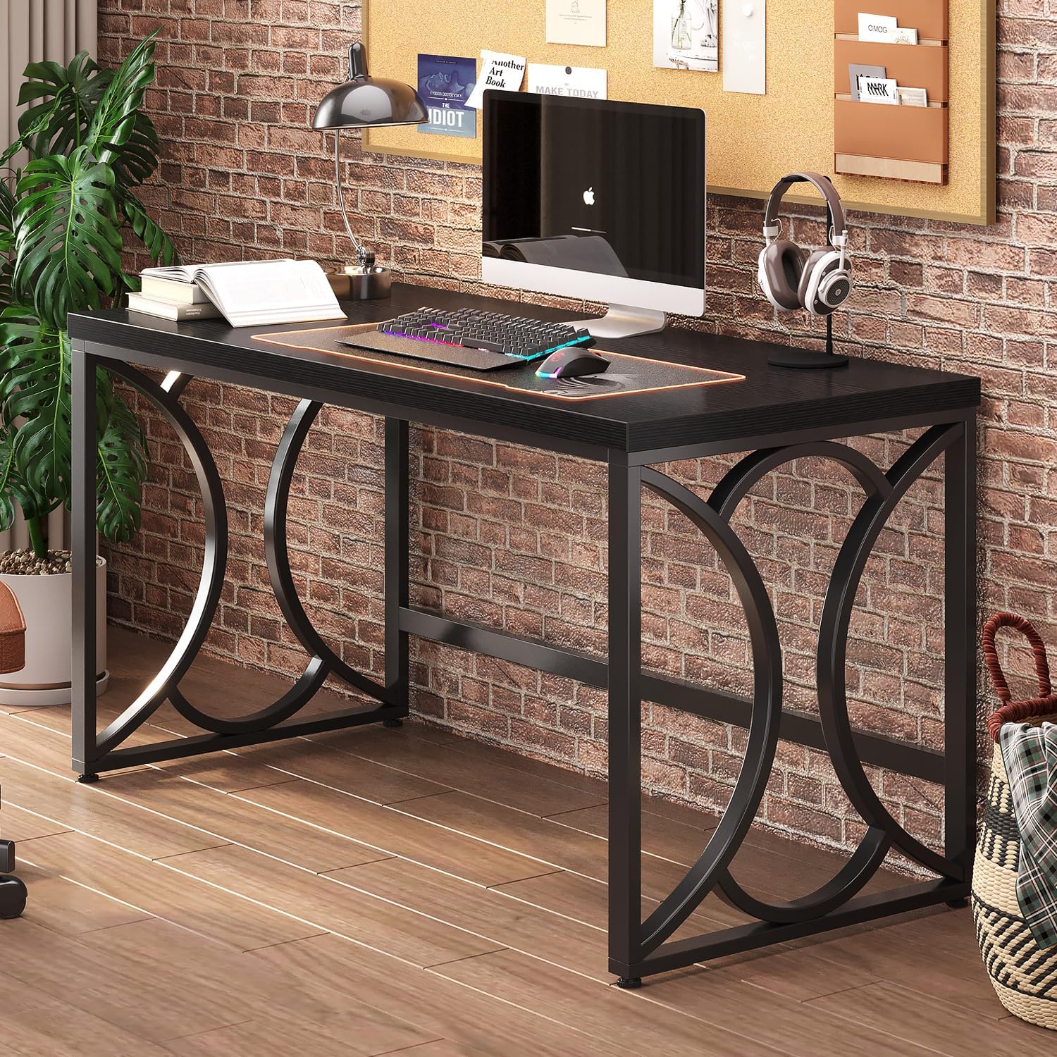 HSH Black Computer Desk, 55 Inch Metal Wood Home Office Desk, Simple Industrial Study Executive Desk for Work Writing, Modern Student Gaming Computer PC Table for Bedroom Living Room - Image 4