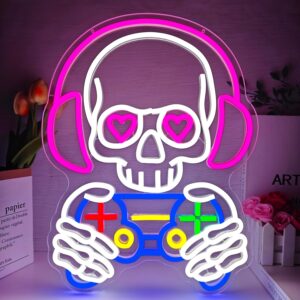 Skull Game Neon Sign Gaming Light Up Sign Dimmbale Skull Led Signs Skeleton Gamer Neon Lights for Man Cave Game Room Decor Gifts for Gamers Boys
