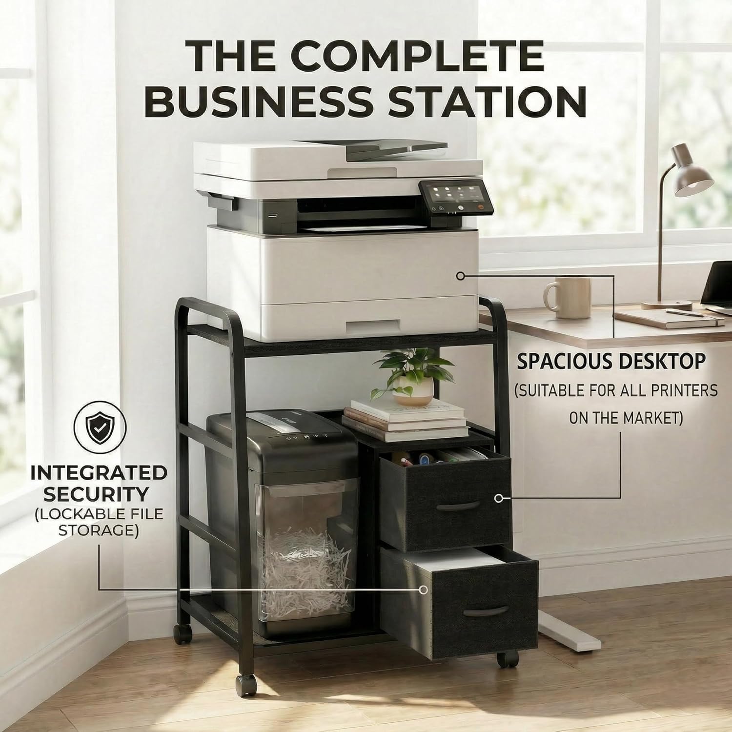 Printer Stand Featuring Fabric Drawers, Under Desk Host Computer Cabinet and Shredder Shelf, Heavy Duty Printer Stand with Storage Workstation Organization Printer Table for Home Office - Image 6