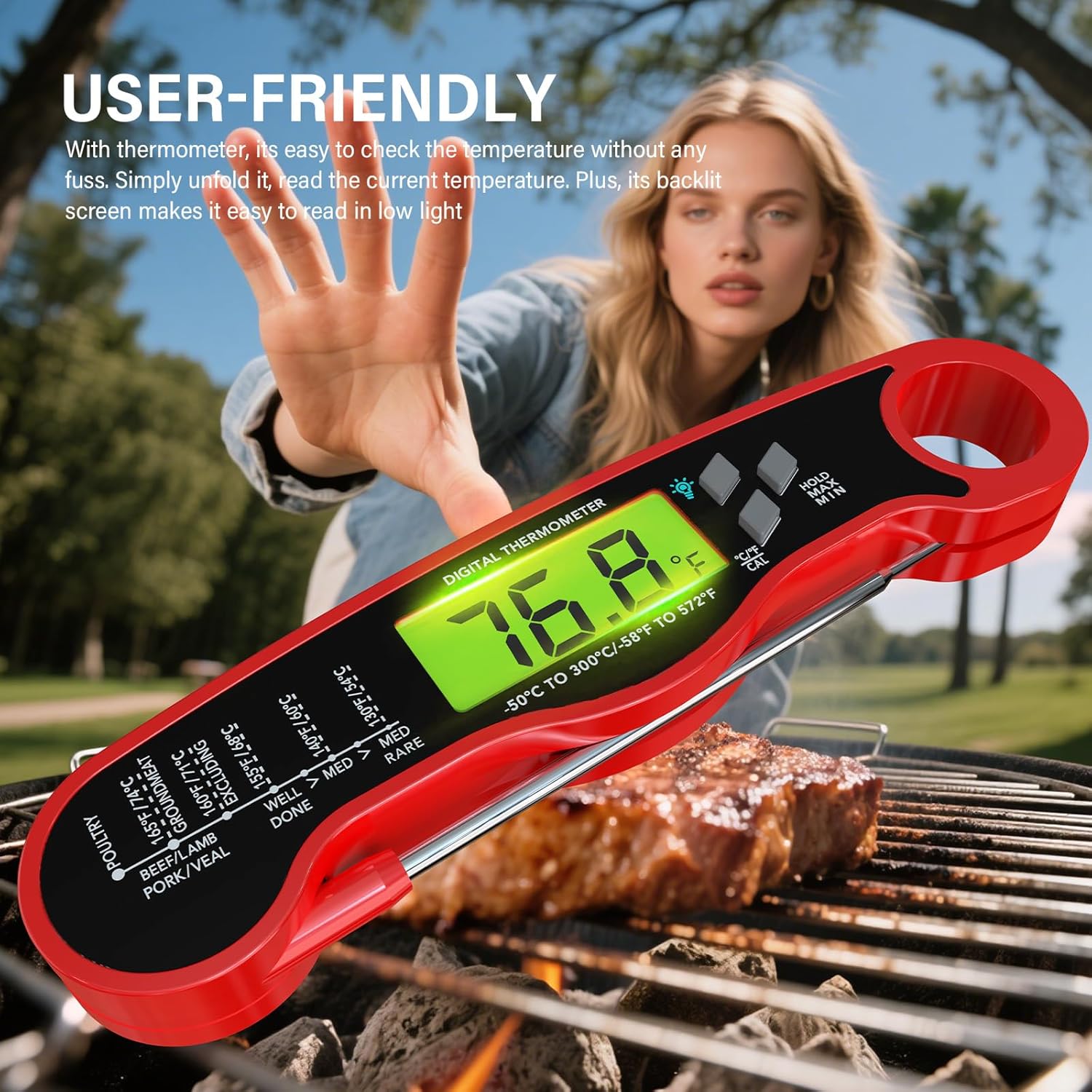 AWLKIM Meat Thermometer Digital - Instant Read Waterproof Food Thermometer with Backlight for Cooking, Grill, Candy, Kitchen & Stocking Stuffers for Men - Red - Image 5